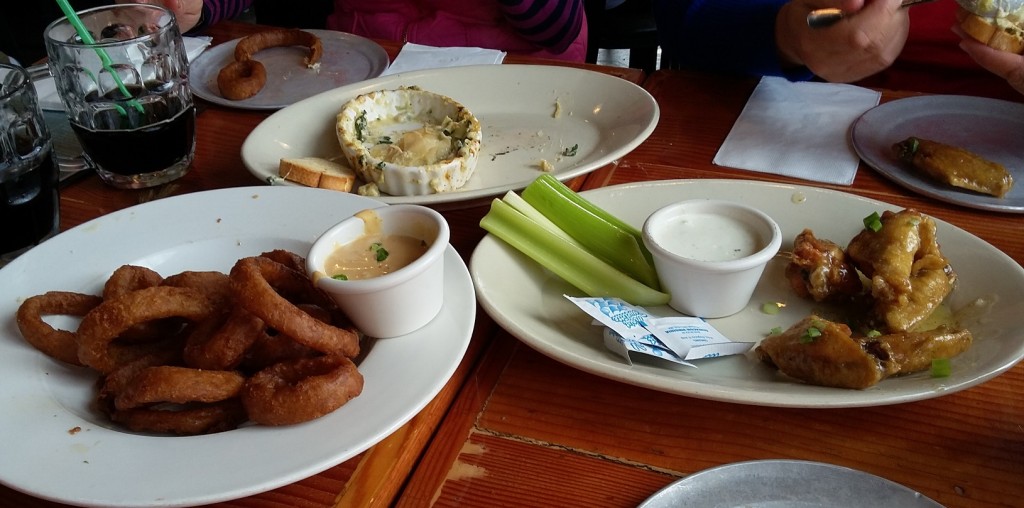 Onion rings, chicken wings, and artichoke crab dip. All of them amazing. 